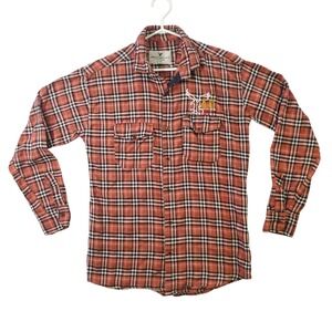 American Eagle Mens Flannel Shirt L Orange Red Plaid Embroidered Eagle Logo 1977